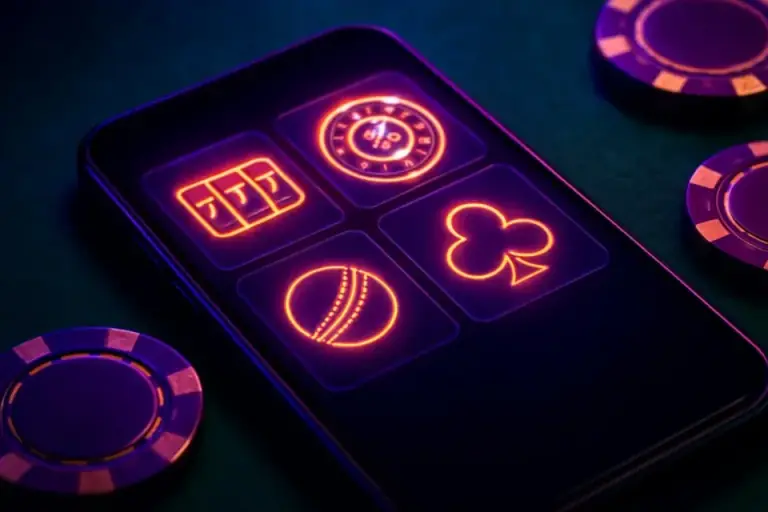 Phone screen with a grid of game tiles: slot reels, a roulette wheel and a cricket ball