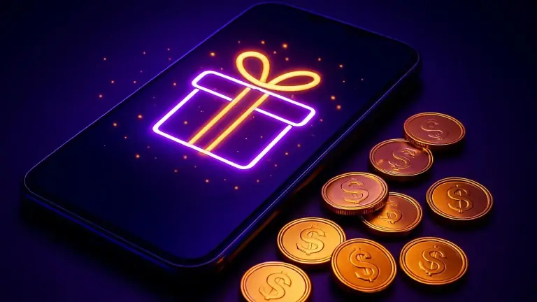 Illustration for BBC99 players: mobile promotions theme with a gift icon, a ribbon and coins
