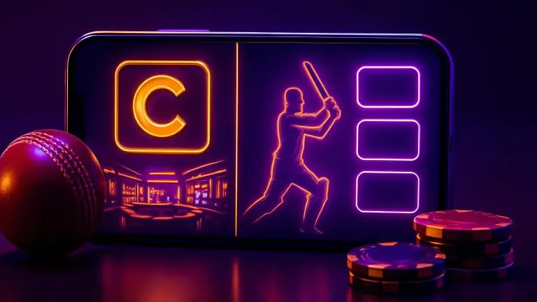 Casino lobby and cricket odds on one mobile screen, chips and a ball on the table