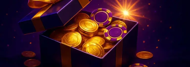 Open present with gold coins and chips under a glowing star burst