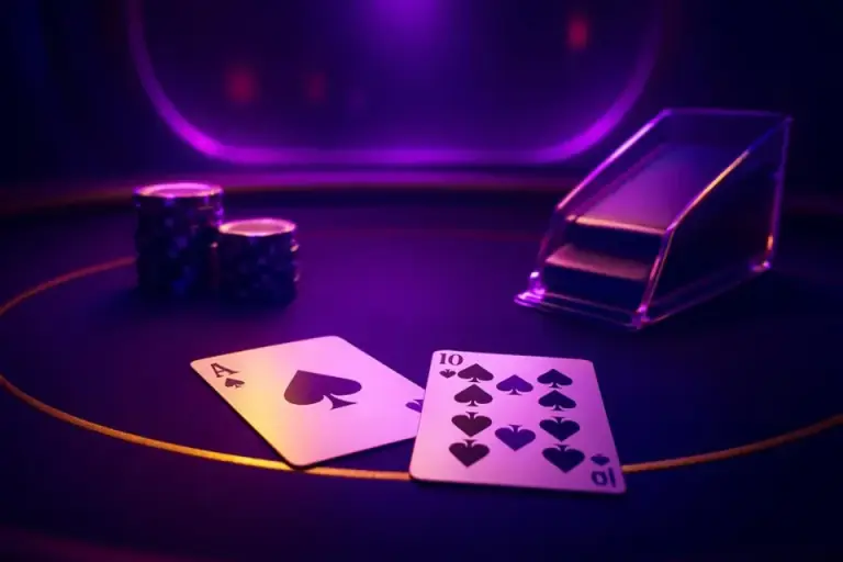 Live table game setup: cards, a shoe and chips on green felt