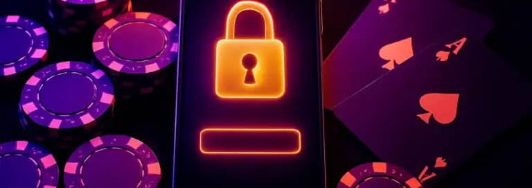 Phone with a glowing sign-in screen and a padlock icon on dark velvet beside casino chips