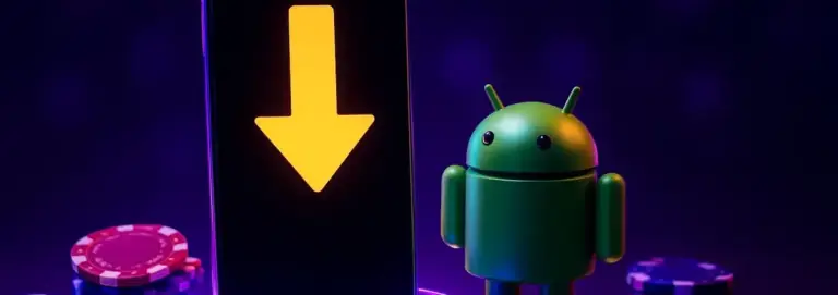 Download arrow on a smartphone screen with an Android robot standing next to it