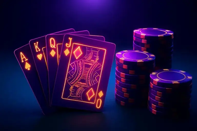Card table under a single spotlight with cards and chip stacks