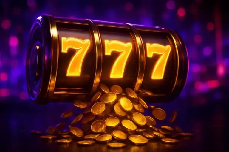 Golden slot reels landing on lucky sevens as coins pour out