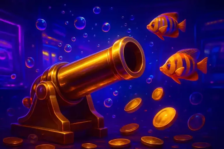 Fishing game artwork with colourful fish, gold coins and rising bubbles