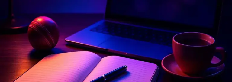 Notebook, pen, a cup of tea and a red cricket ball on a wooden desk